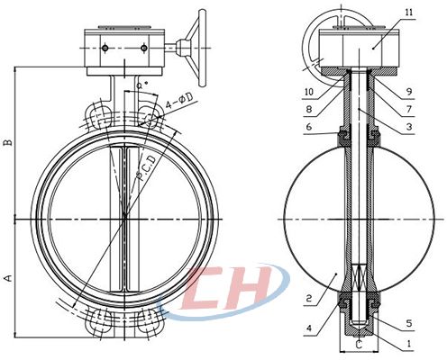 蝸輪襯膠蝶閥結構圖